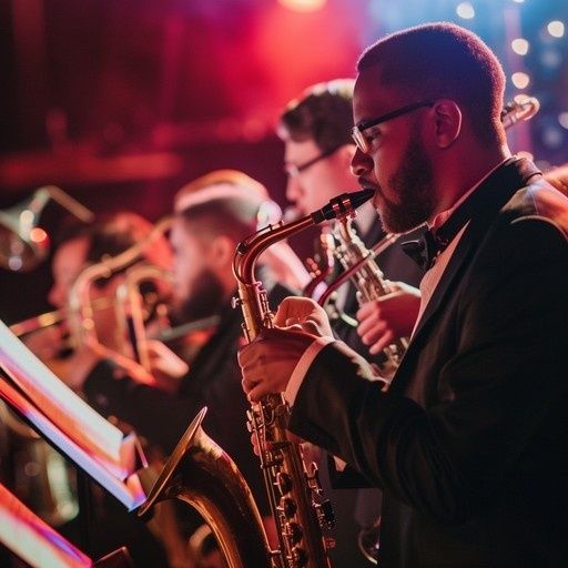 Jazzmusiker spelar saxofon på en scen i stämningsfullt ljus