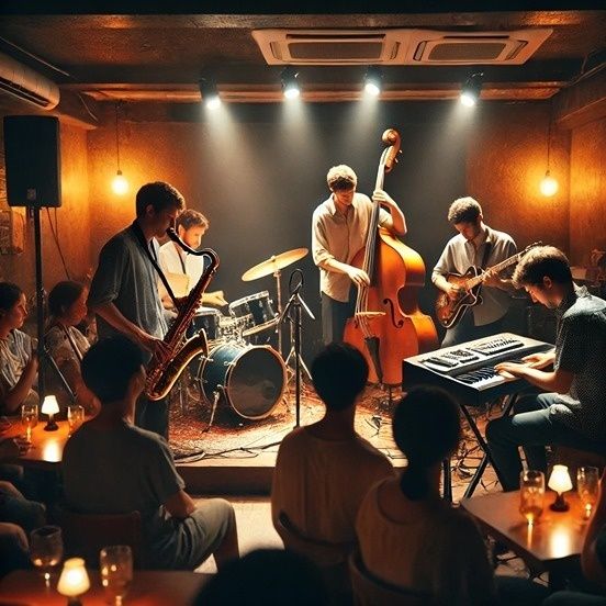 Jazzensemble spelar nära publiken i en stämningsfull klubbmiljö